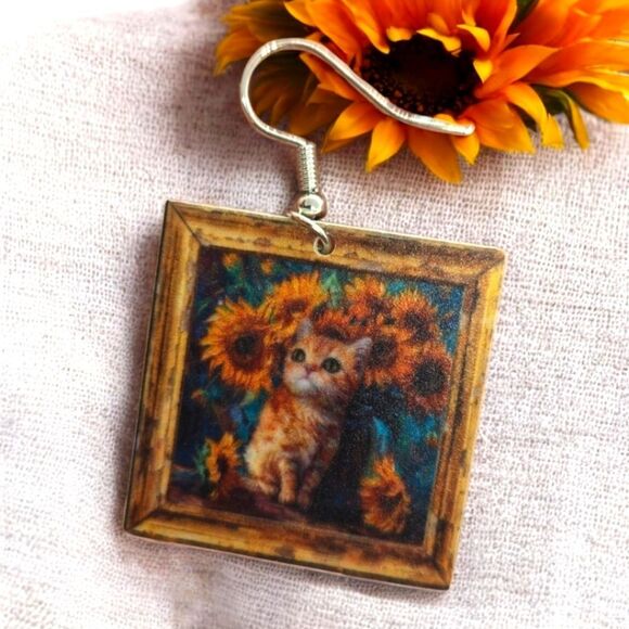 Van Gogh Cat Sunflowers Famous Painting Earrings Dangle Pierced Ears Fun Jewelry - Picture 1 of 4